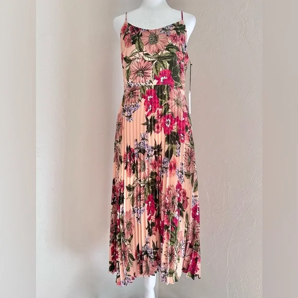 NWT Leith Coral and Pink Floral Midi Dress with Pleated Skirt M - Picture 1 of 15